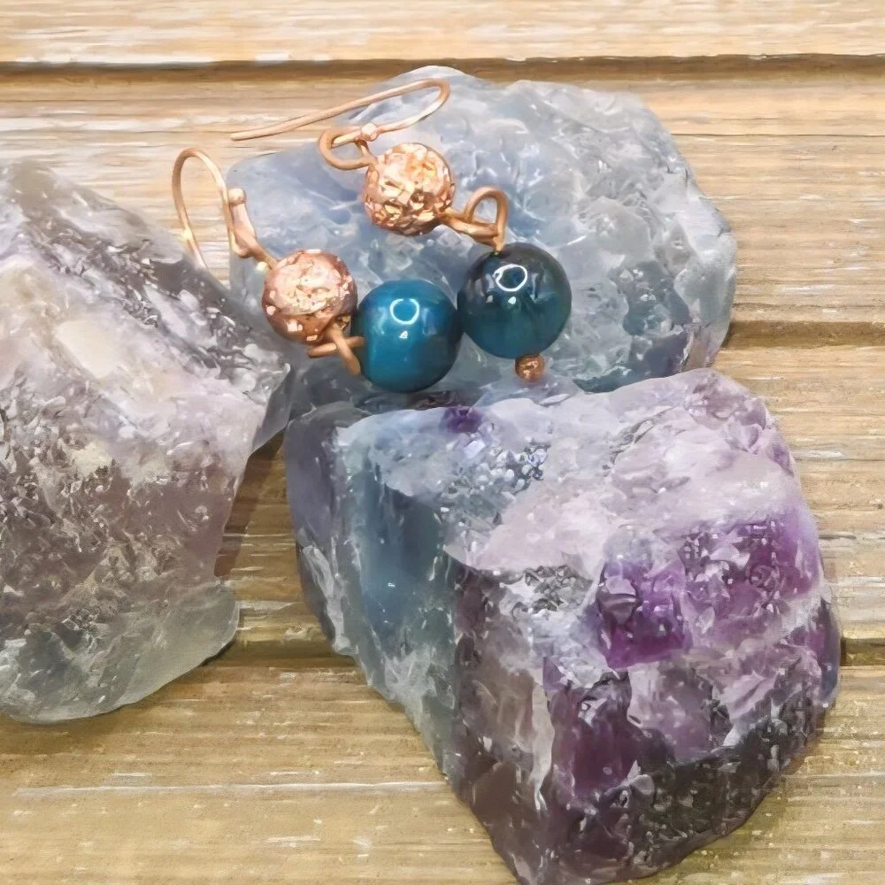 Blue Green Tigers Eye and Copper Electroplated Lava Rock Drop Earrings